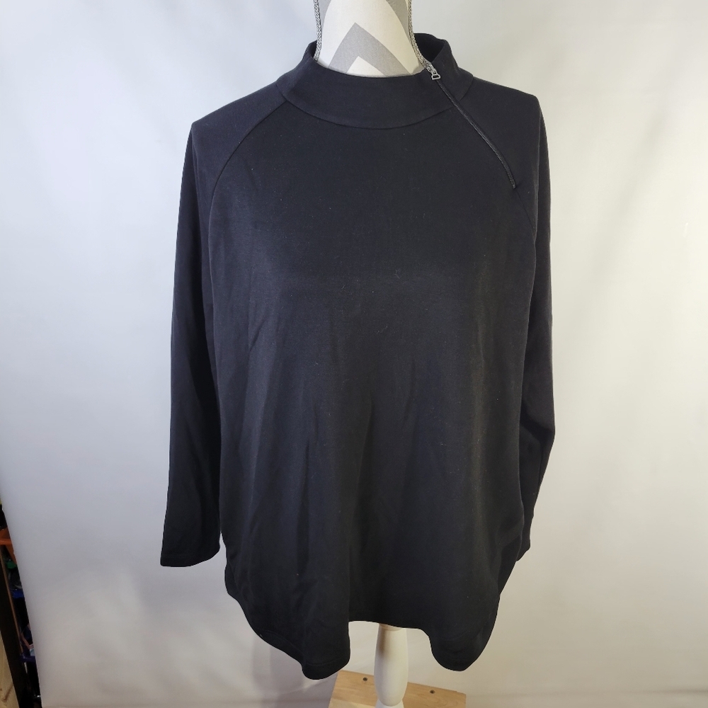 Weekend By Chicos Black Mock Neck Asymmetrical Neck Zipper Pockets Size 3